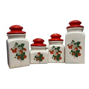 Vintage Ceramic Strawberry Canister Set With Red Lids & Floral Design - Set Of 4